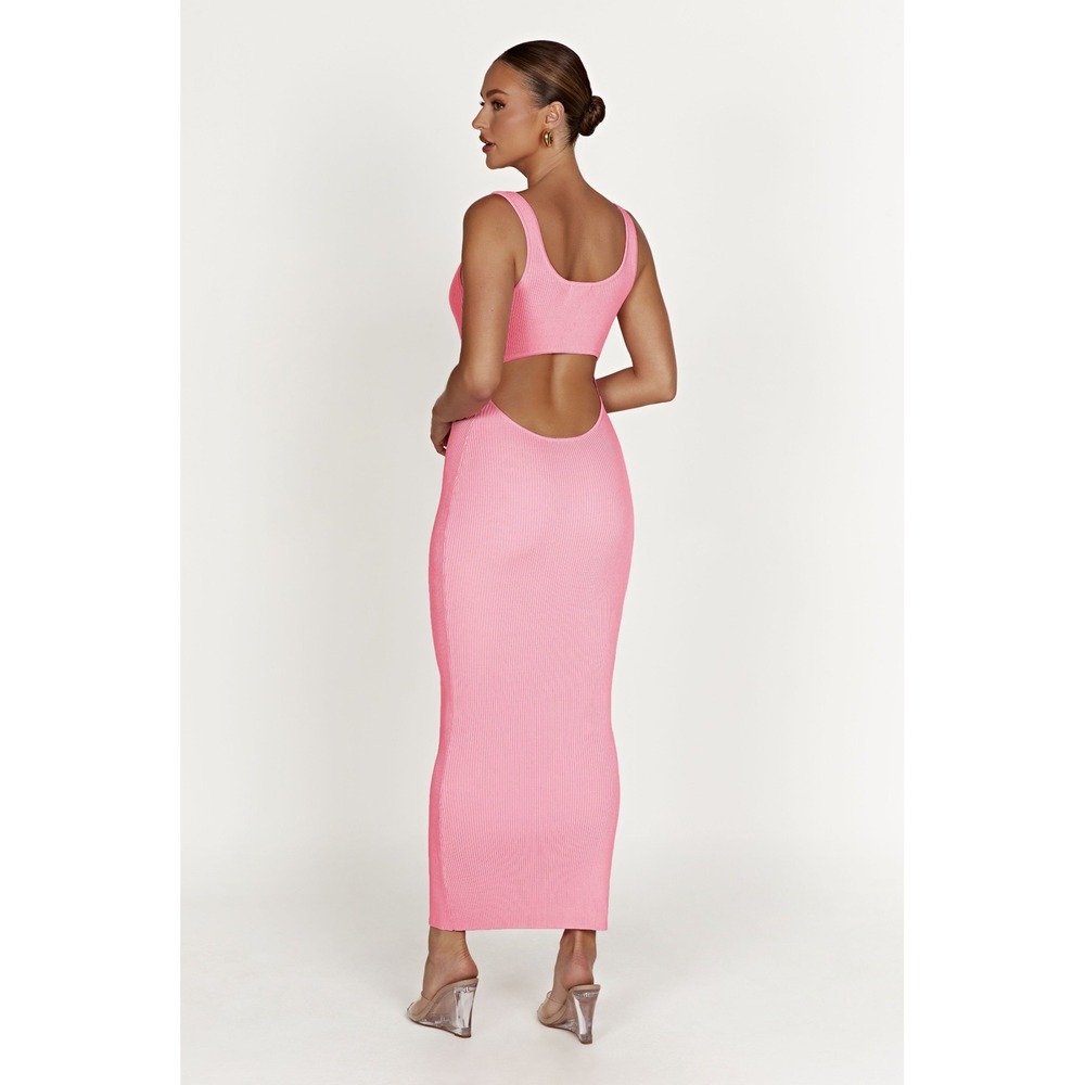 MESHKI Hadley Pink Ribbed Knit Cutout Back Bodycon Maxi Dress XS